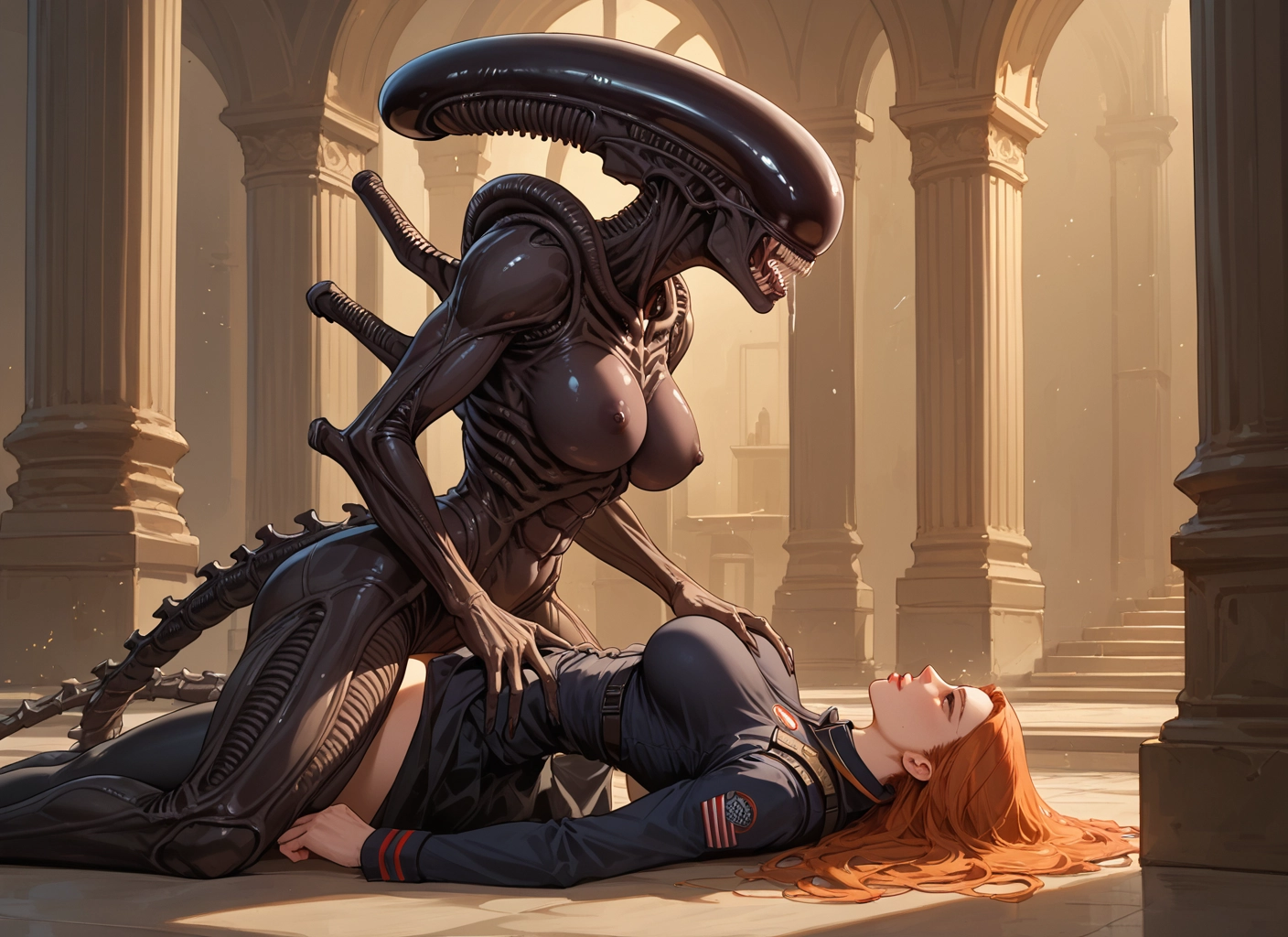 breasts, 1girl, long hair, nipples, uniform, large breasts · Yamete.gg