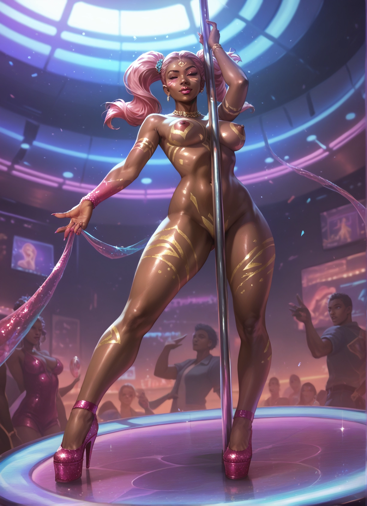 breasts, twintails, nipples, high heels, stripper pole, pole dancing · Yamete.gg