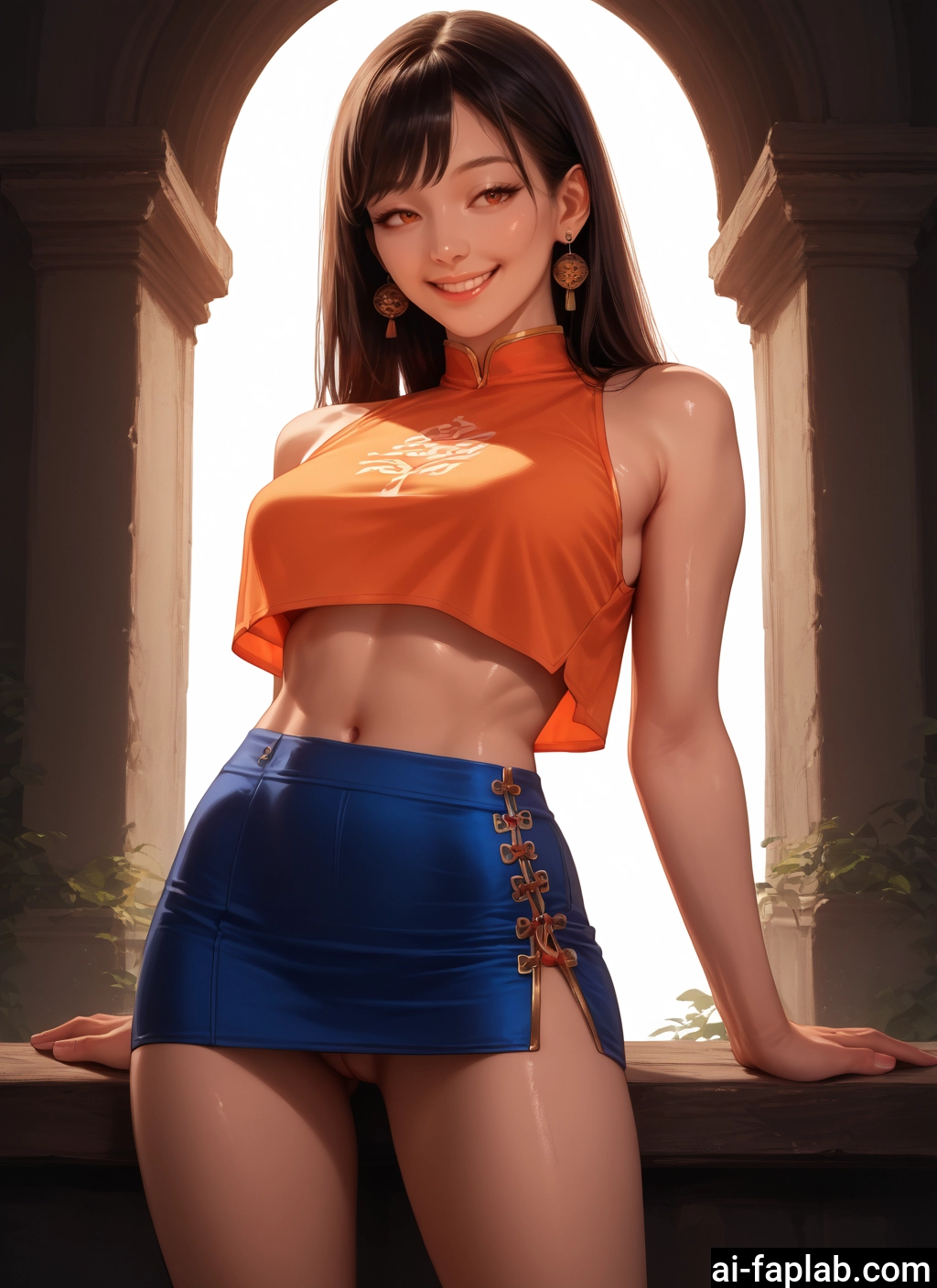 1girl, solo, skirt, jewelry, earrings, navel · Yamete.gg