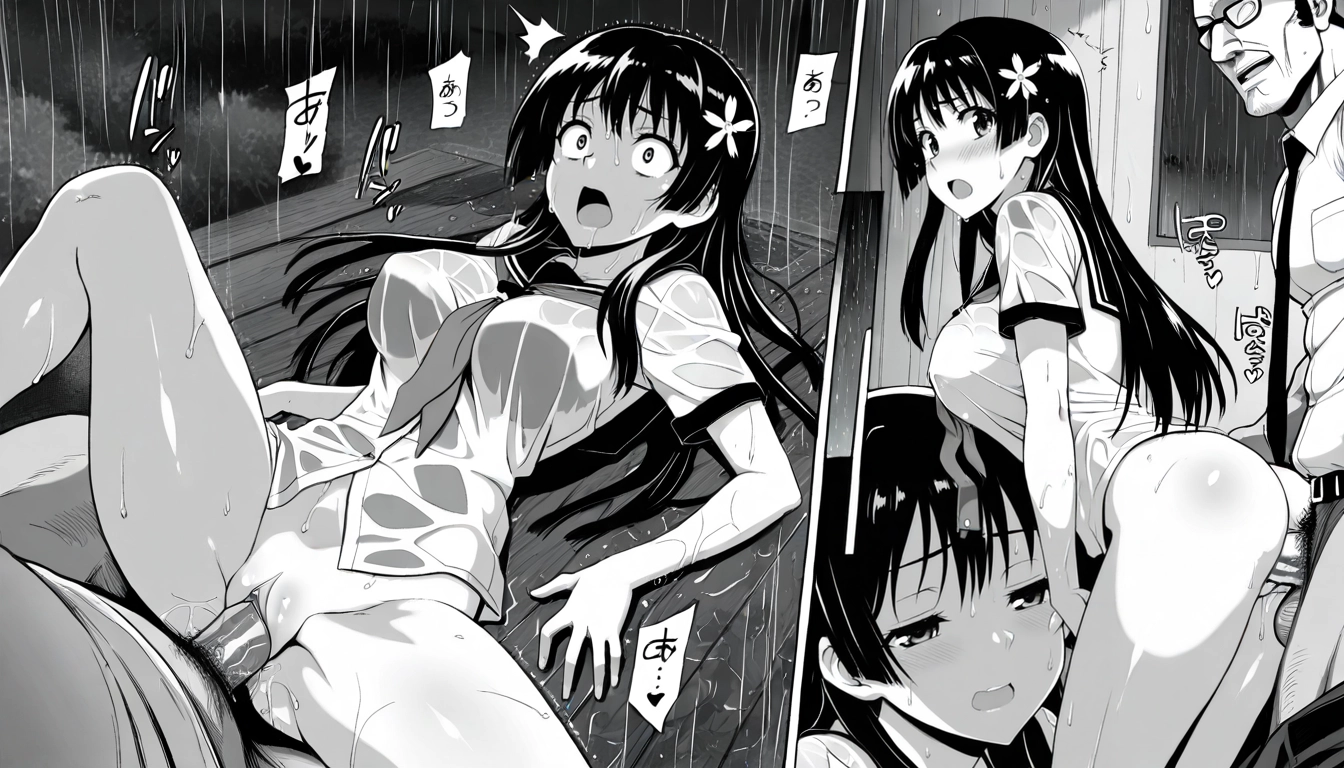 1girl, monochrome, greyscale, hetero, sex, rain · Yamete.gg