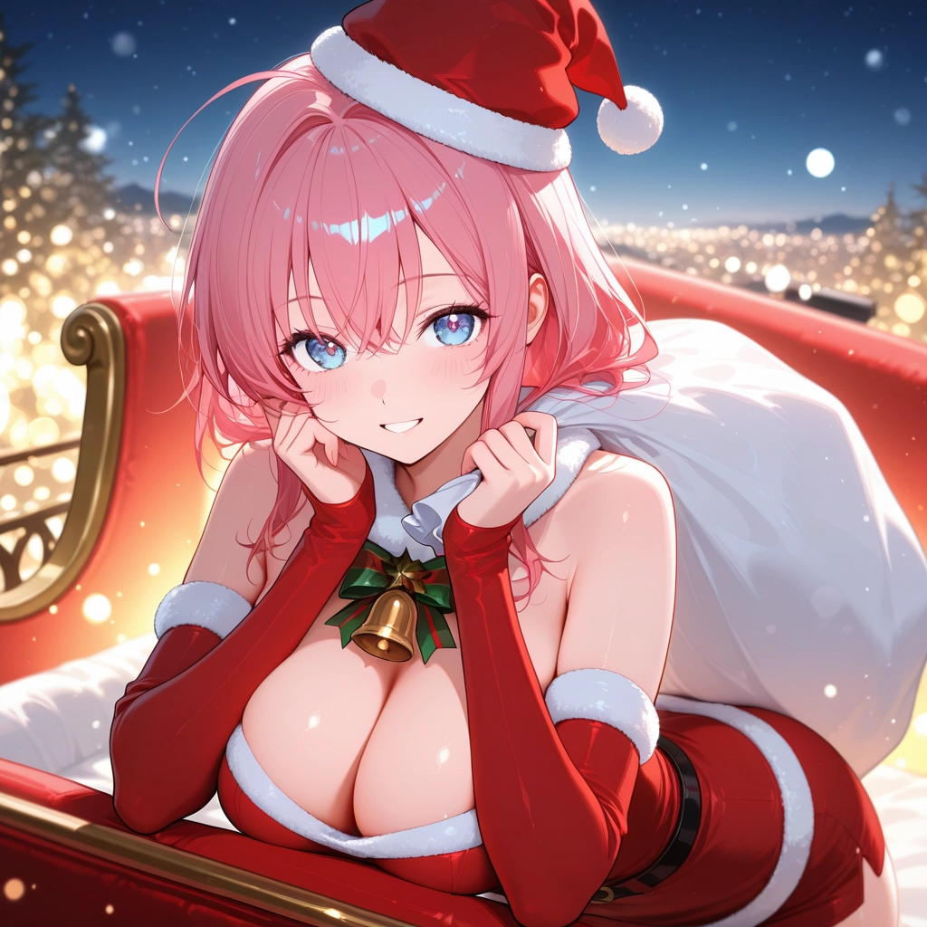 breasts, 1girl, solo, hat, pink hair, santa hat