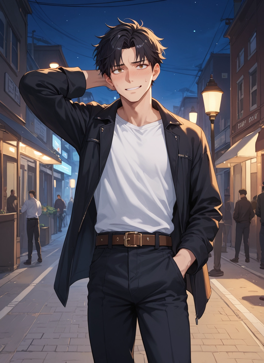 blush, jacket, black hair, shirt, male focus, belt · Yamete.gg