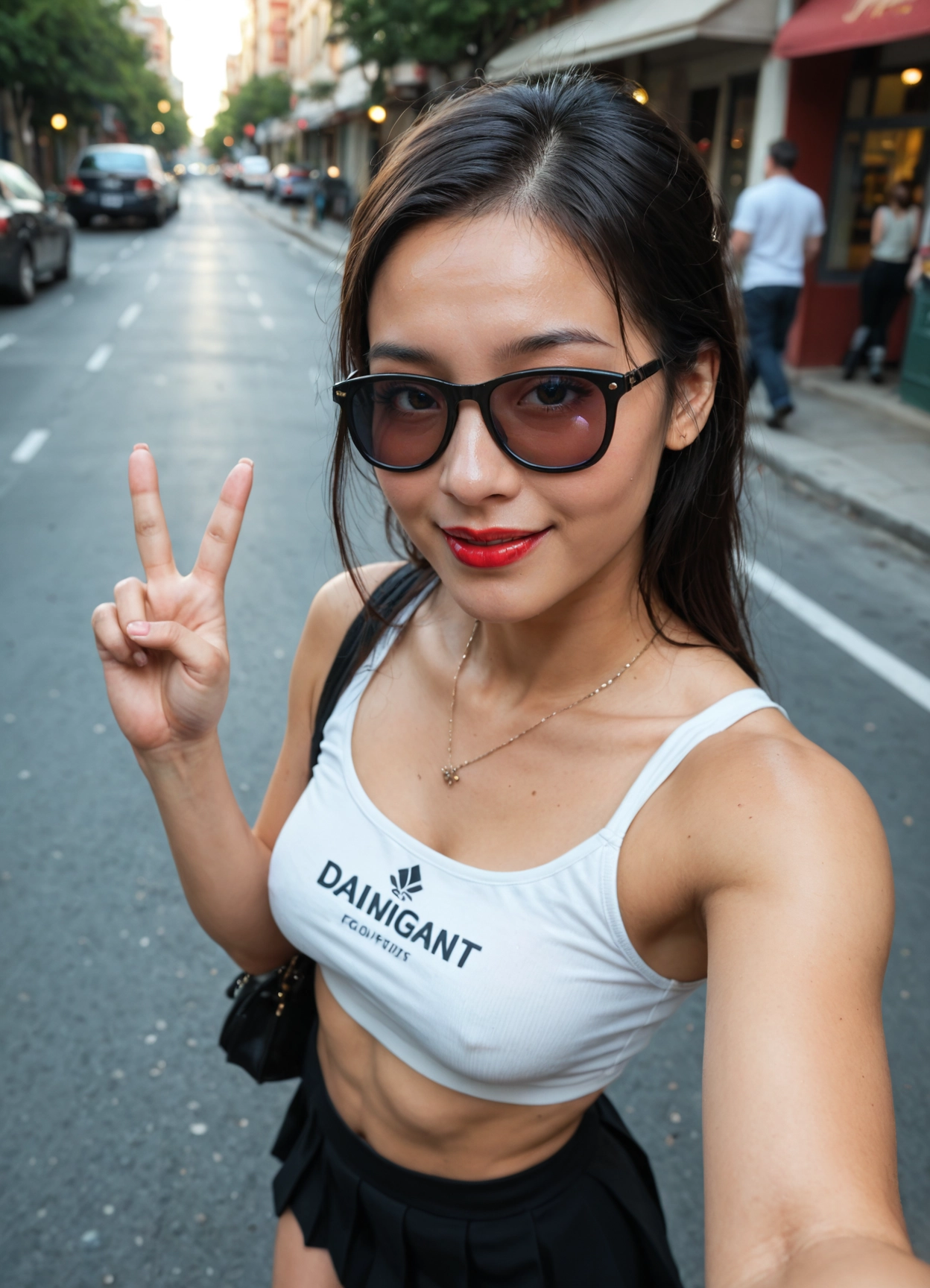 1girl, jewelry, necklace, v, sunglasses, black hair · Yamete.gg