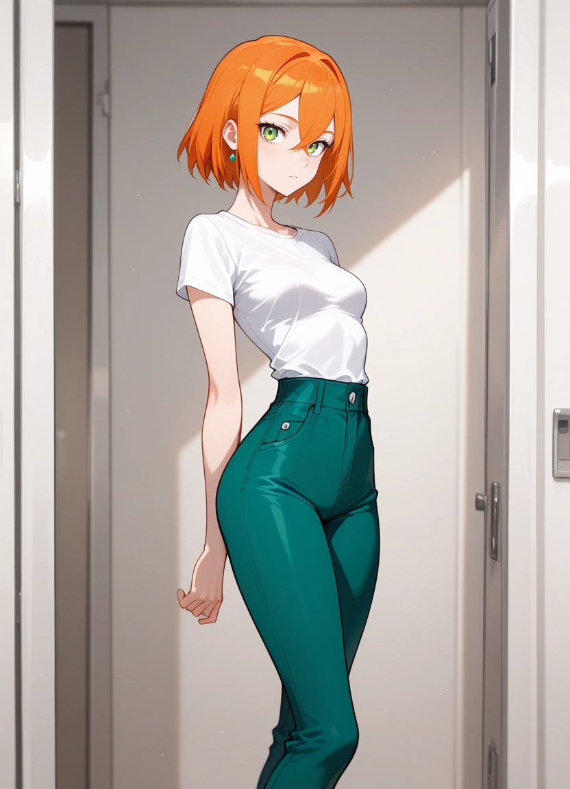 1girl, solo, pants, green eyes, shirt, jewelry · Yamete.gg
