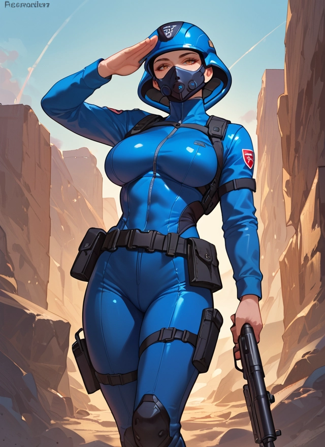 1girl, weapon, gun, breasts, solo, bodysuit · Yamete.gg