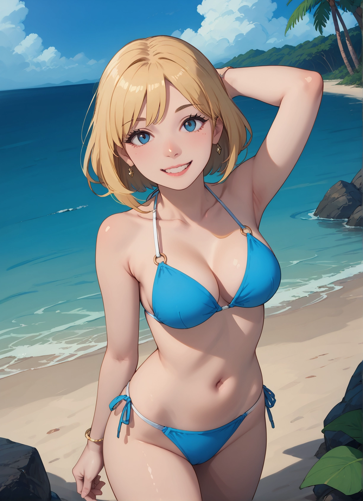 1girl, swimsuit, breasts, outdoors, smile, solo