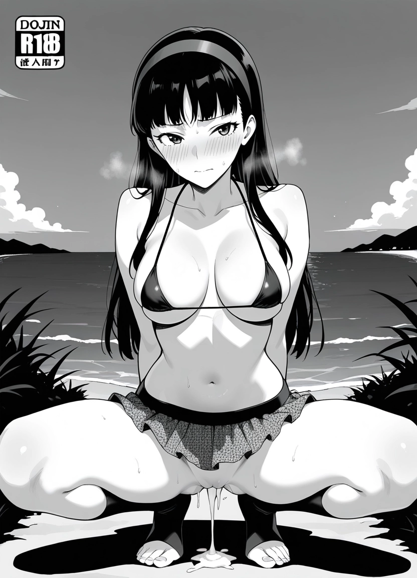 1girl, monochrome, amagi yukiko, greyscale, solo, swimsuit · Yamete.gg