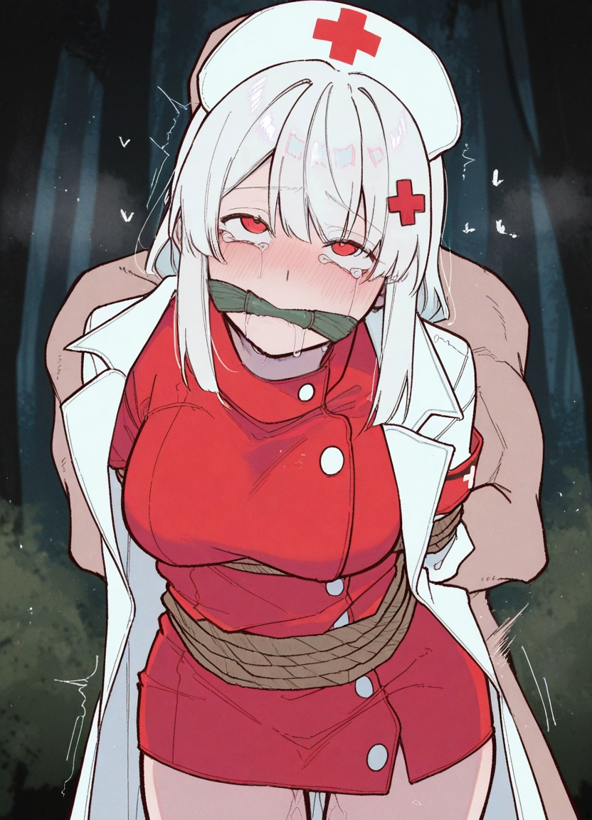 1girl, 1boy, hetero, hat, gag, red eyes