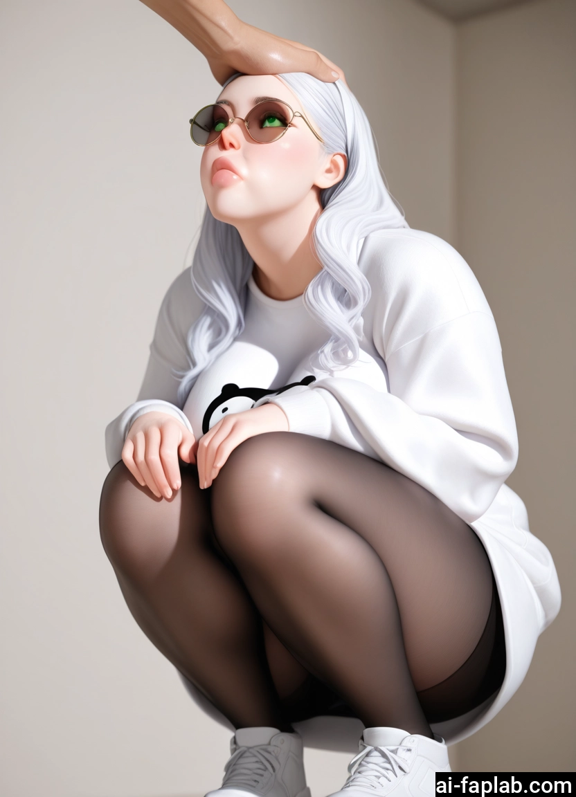 1girl, pantyhose, squatting, green eyes, shoes, long hair · Yamete.gg