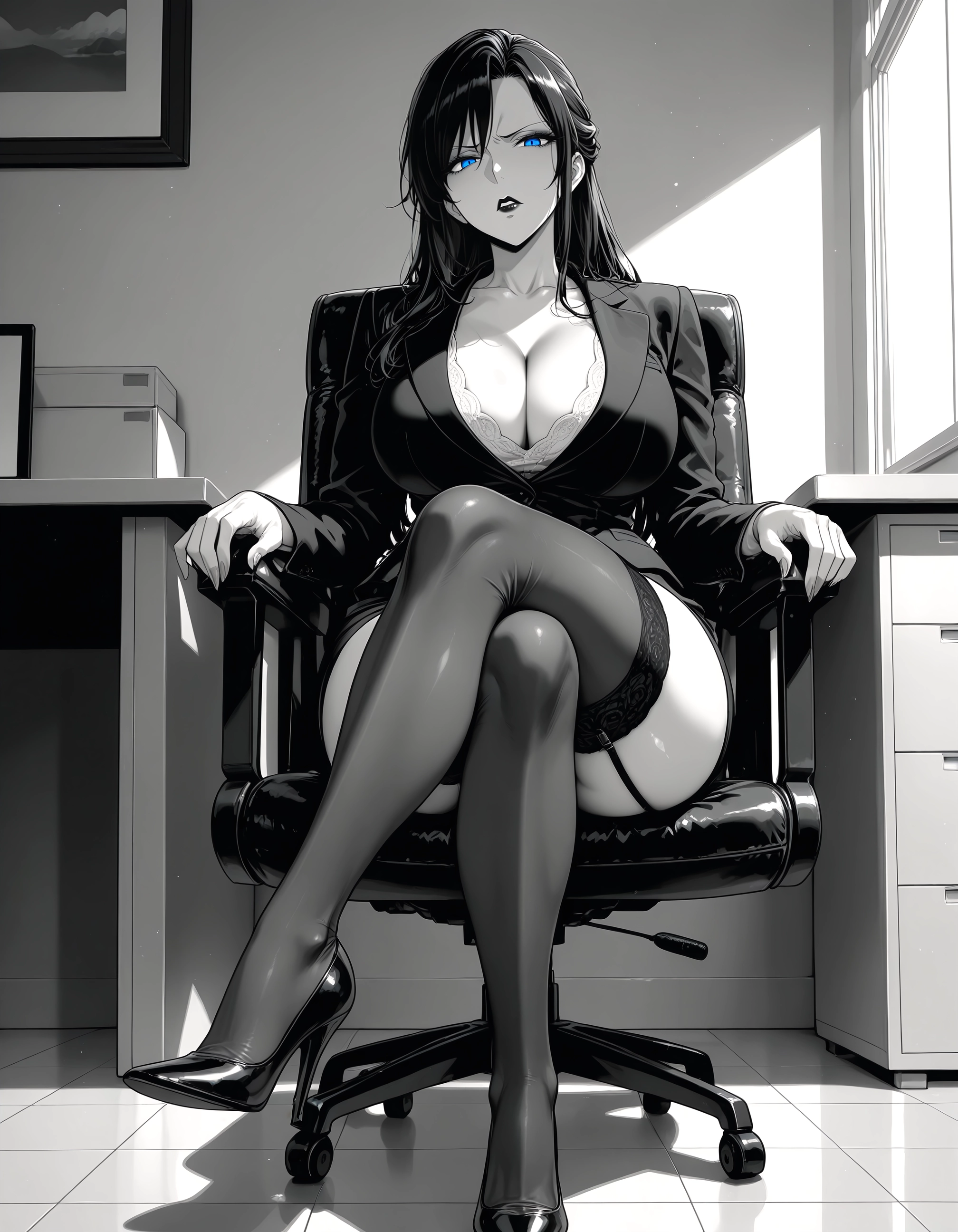 breasts, 1girl, thighhighs, blue eyes, high heels, sitting · Yamete.gg