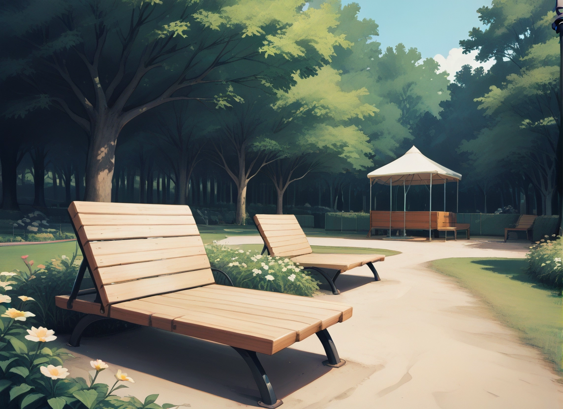 no humans, tree, scenery, flower, bench, outdoors