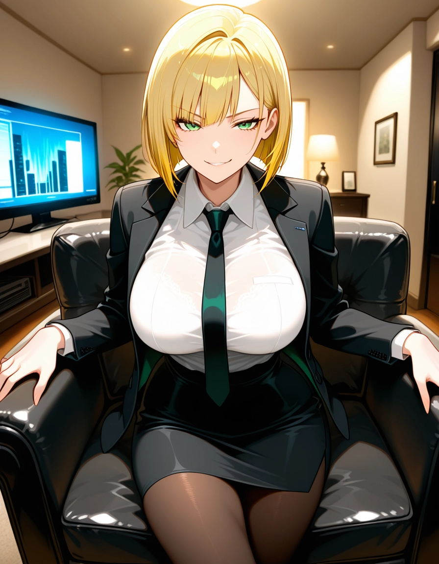 1girl, blonde hair, breasts, green eyes, solo, pantyhose · Yamete.gg