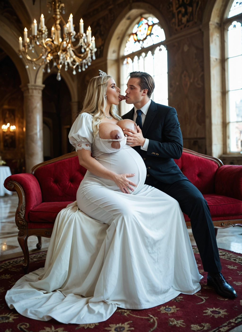 1girl, 1boy, dress, breasts, pregnant, blonde hair · Yamete.gg