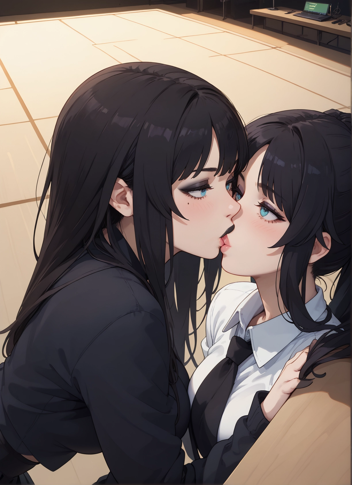 multiple girls, 2girls, yuri, mole, blue eyes, black hair · Yamete.gg
