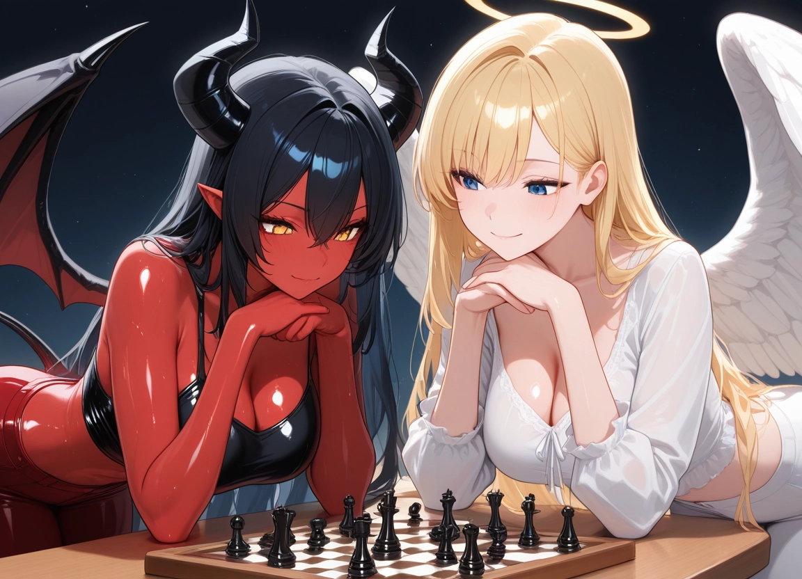 breasts, multiple girls, 2girls, horns, blonde hair, wings · Yamete.gg