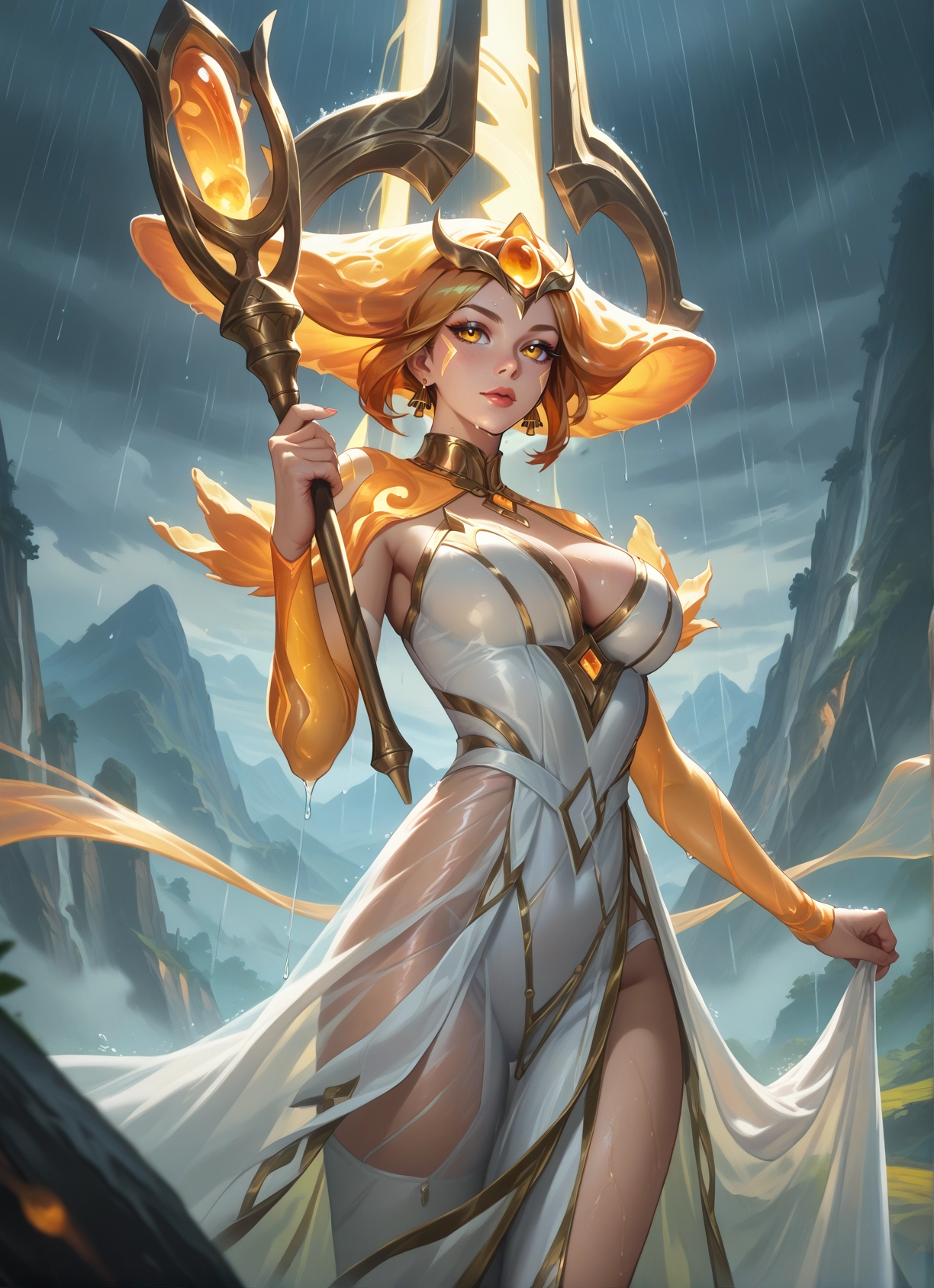 1girl, breasts, solo, rain, dress, white dress · Yamete.gg