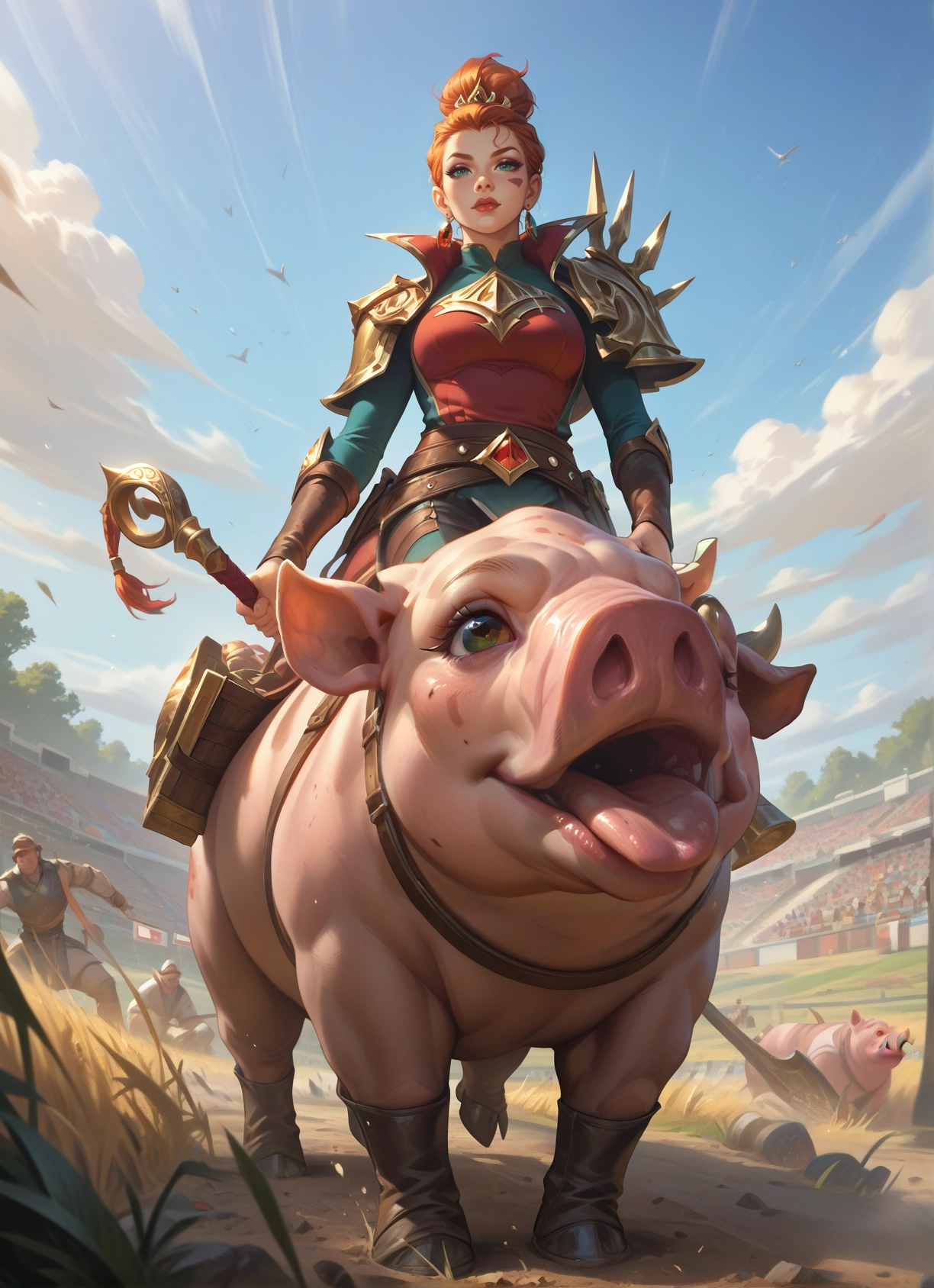 1girl, pig, armor, jewelry, earrings, sky