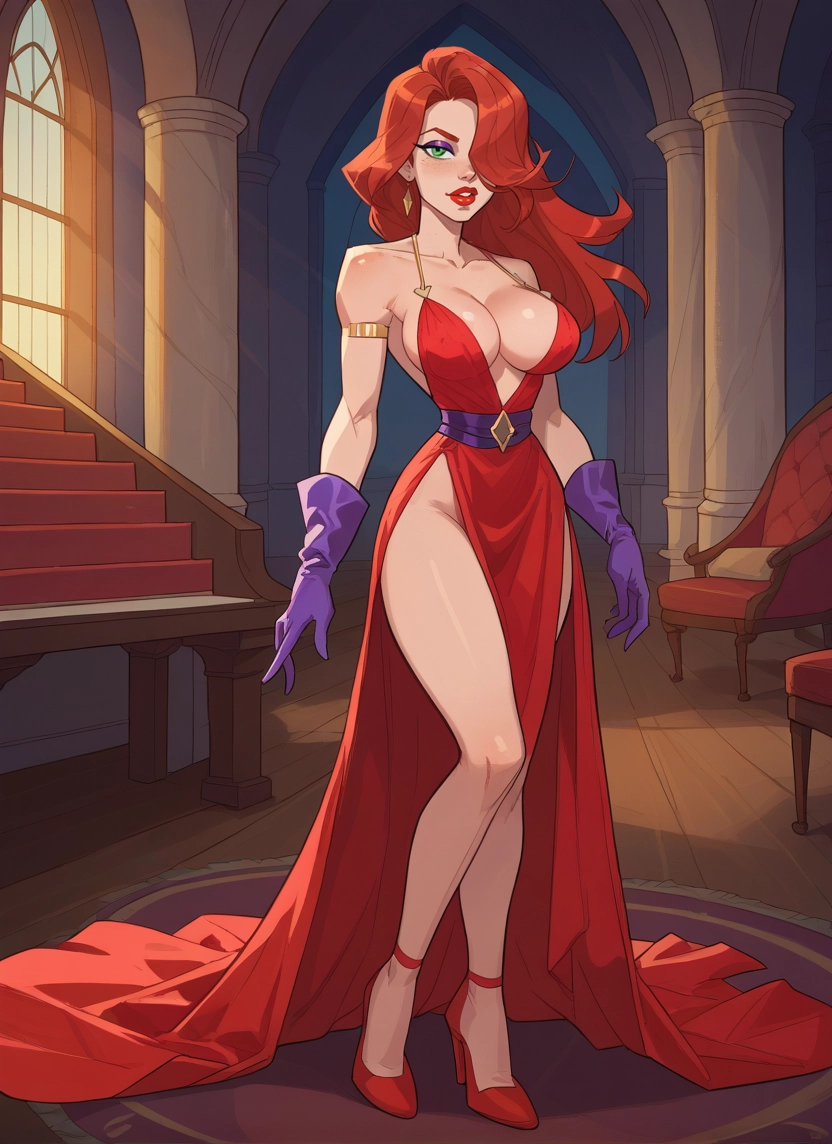 1girl, breasts, gloves, dress, green eyes, hair over one eye · Yamete.gg