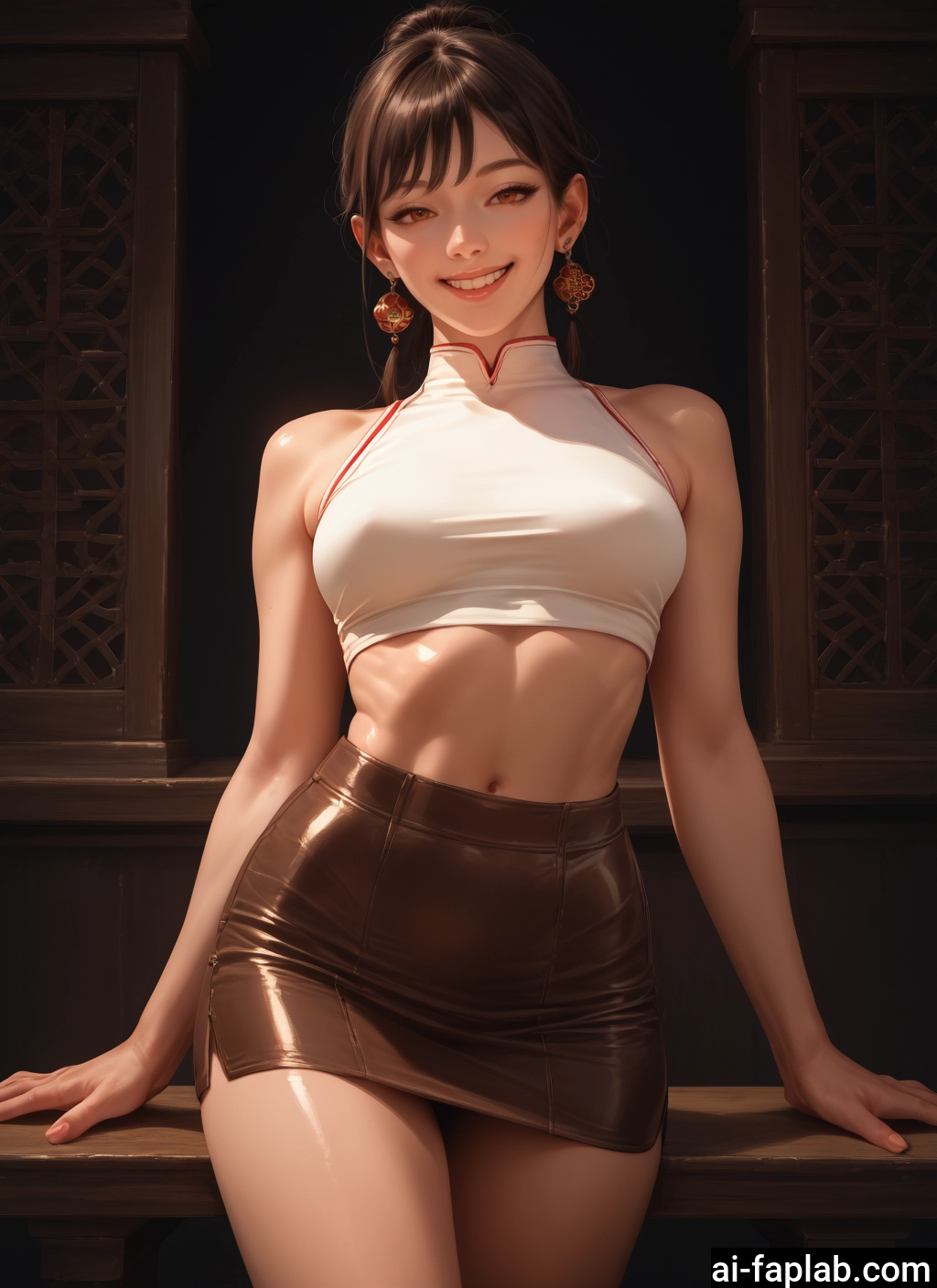 1girl, skirt, jewelry, earrings, navel, smile · Yamete.gg