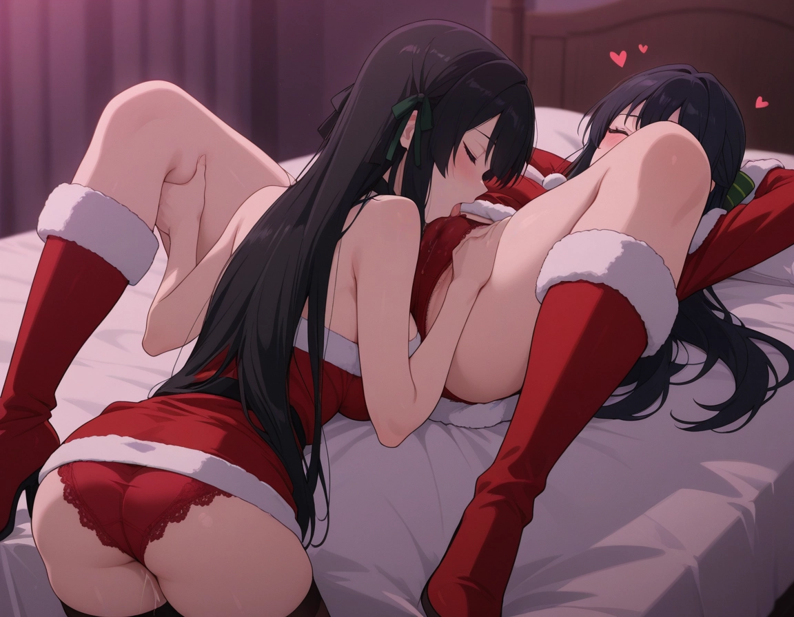 panties, underwear, red panties, closed eyes, 2girls, black hair · Yamete.gg
