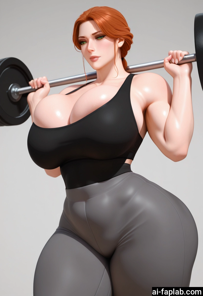 1girl, breasts, weightlifting, green eyes, thighs, thick thighs