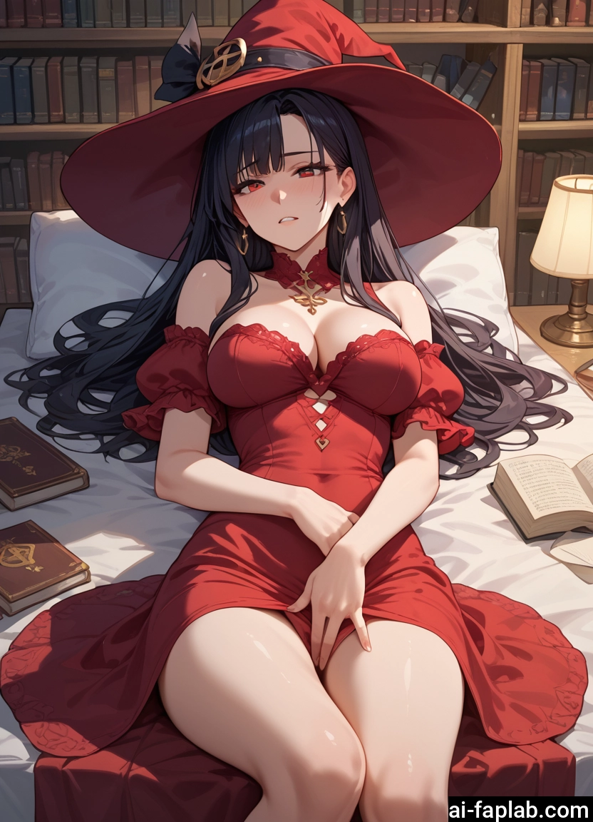 1girl, breasts, hat, long hair, witch hat, dress