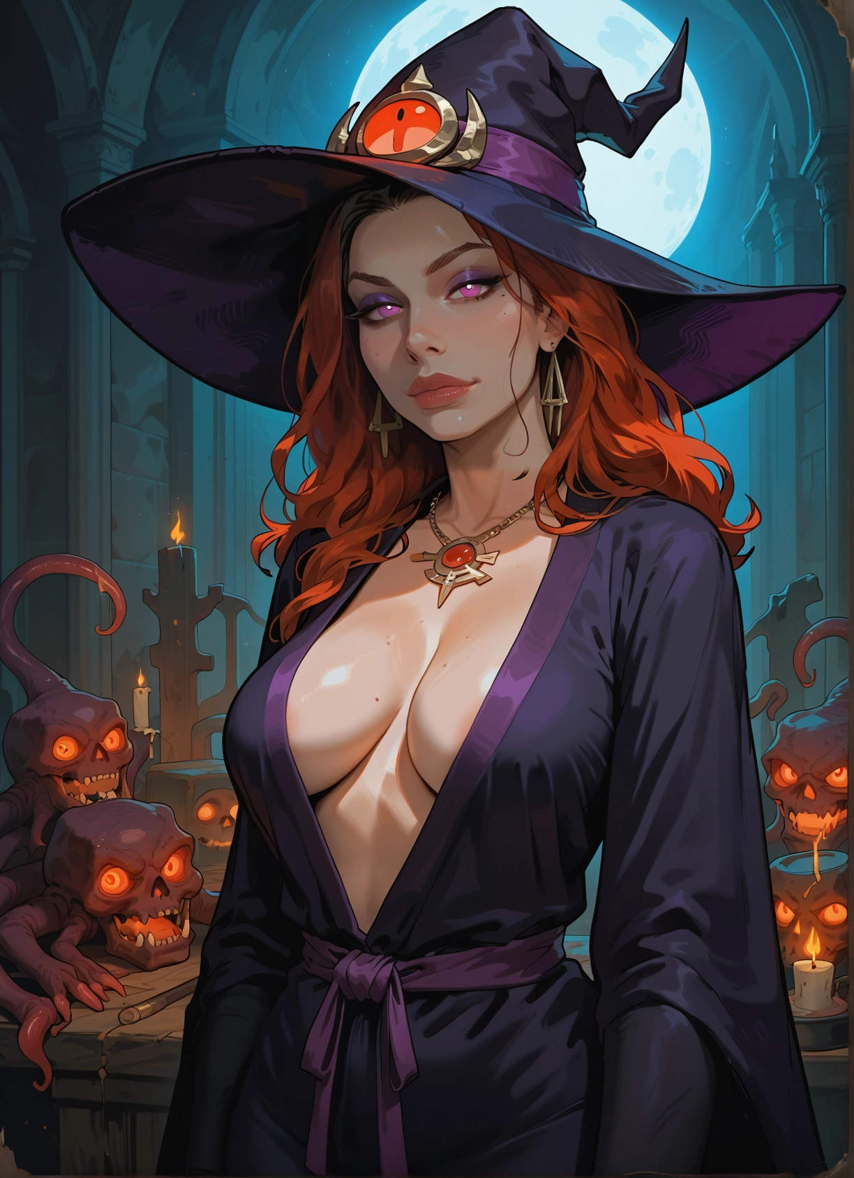 1girl, breasts, hat, witch hat, jewelry, moon · Yamete.gg