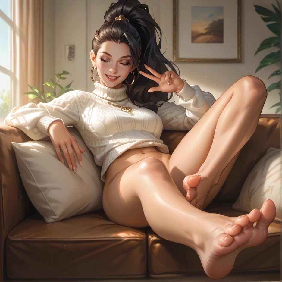 1girl, barefoot, feet, jewelry, sweater, earrings · Yamete.gg