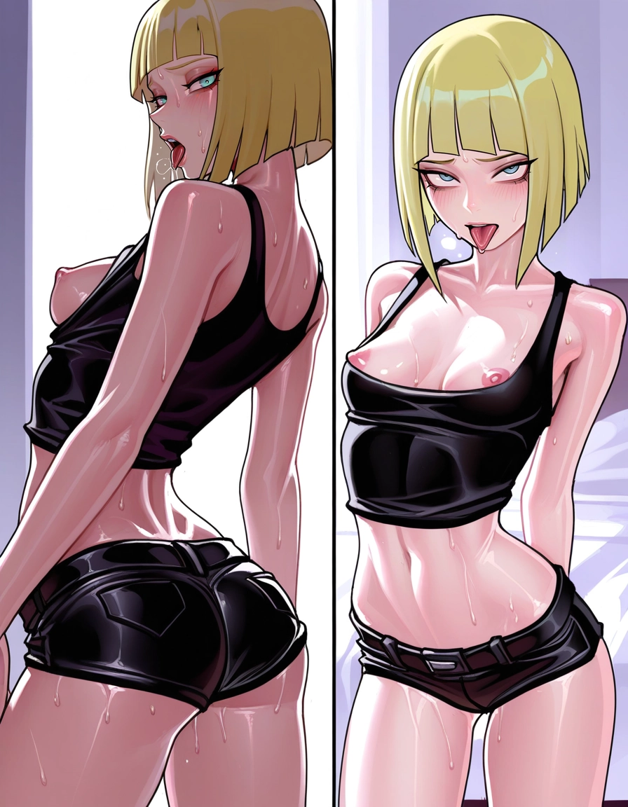 1girl, nipples, breasts, shorts, tongue, blonde hair