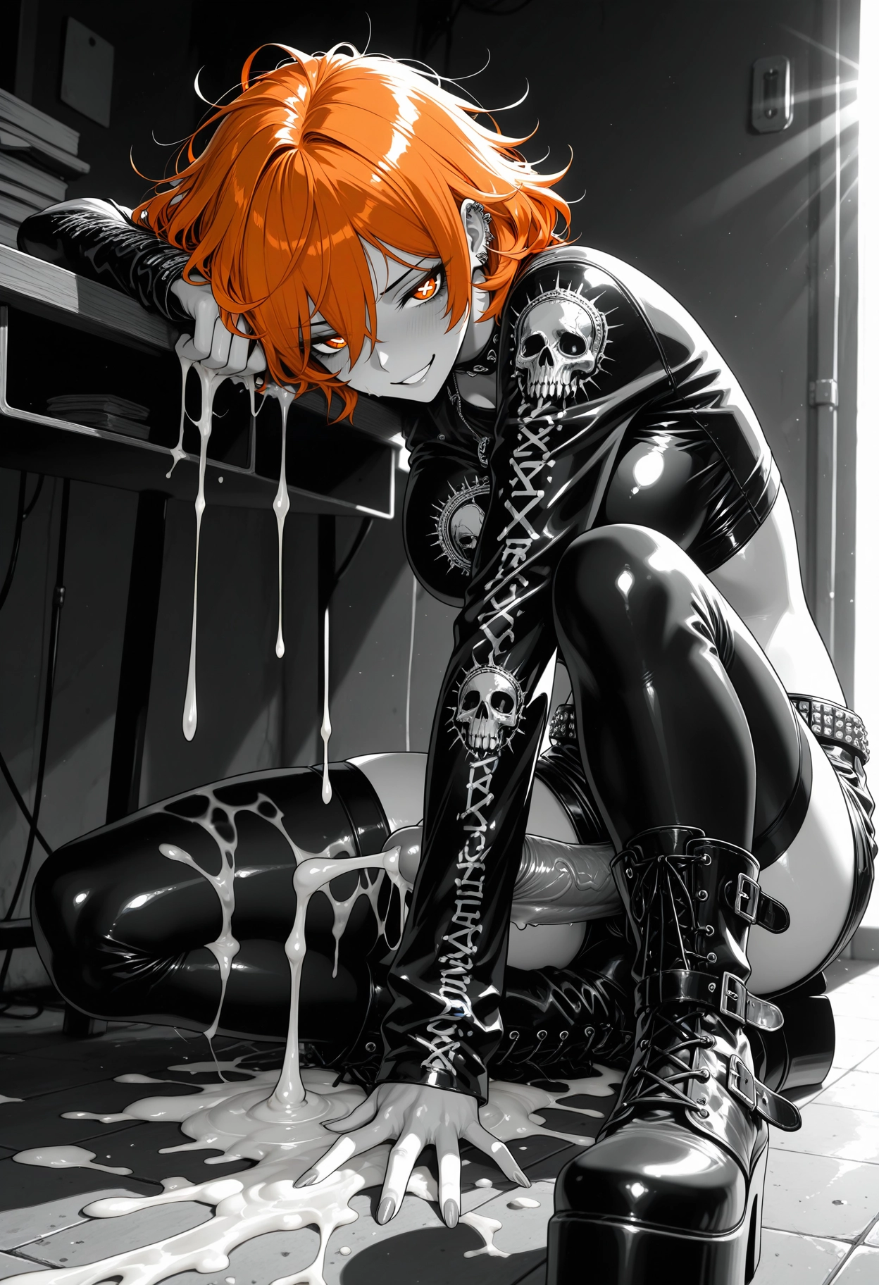 futanari, 1girl, orange hair, orange eyes, thighhighs, solo
