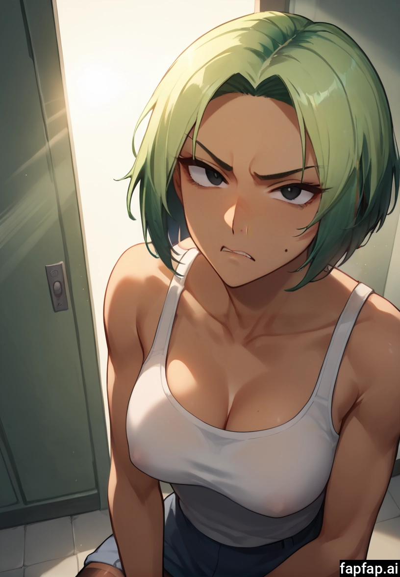 1girl, breasts, solo, green hair, looking at viewer, cleavage