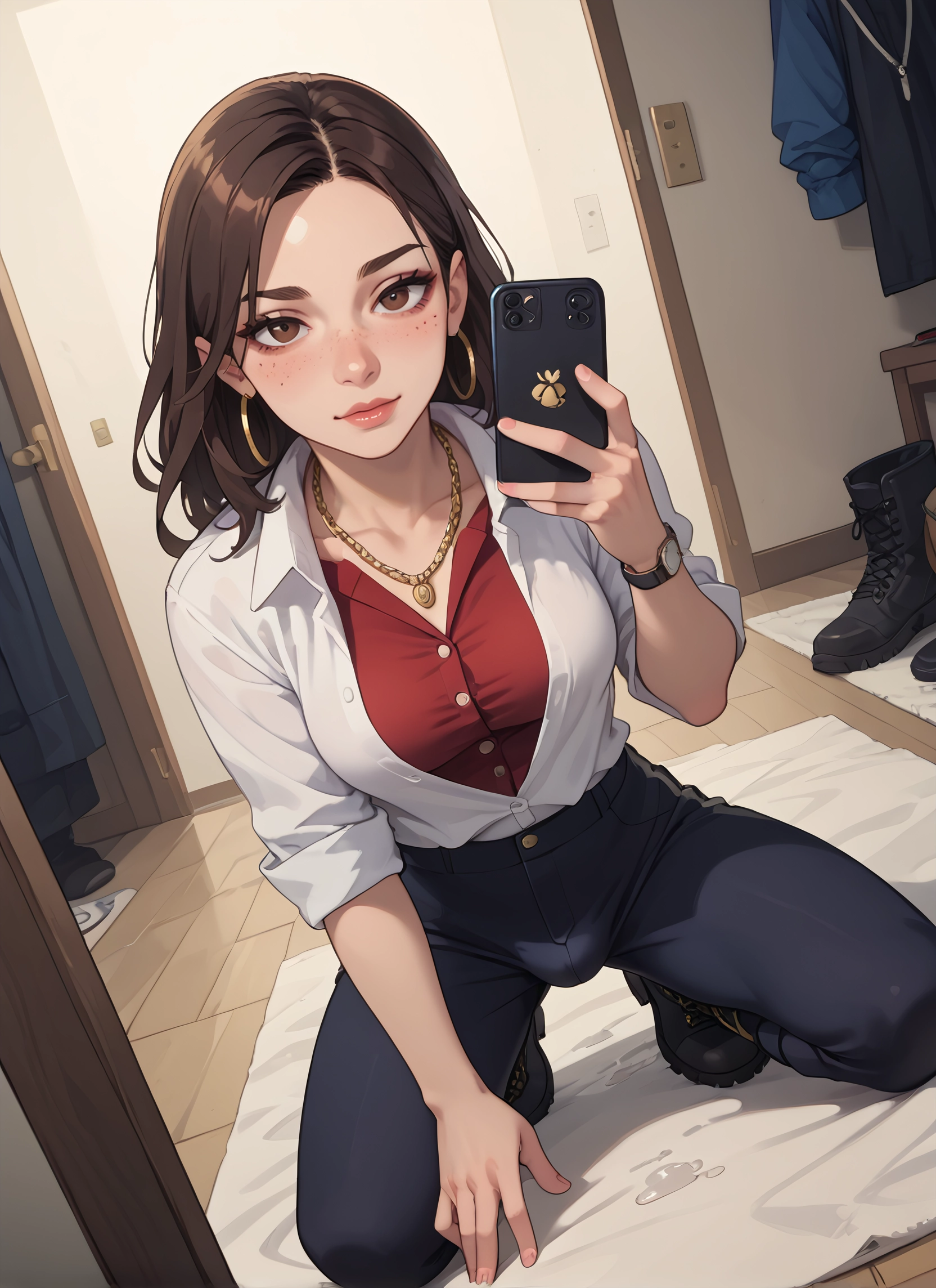 futanari, 1girl, jewelry, phone, brown hair, earrings · Yamete.gg