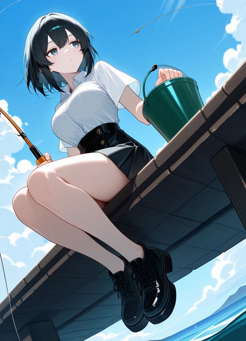 1girl, black hair, solo, skirt, breasts, day · Yamete.gg