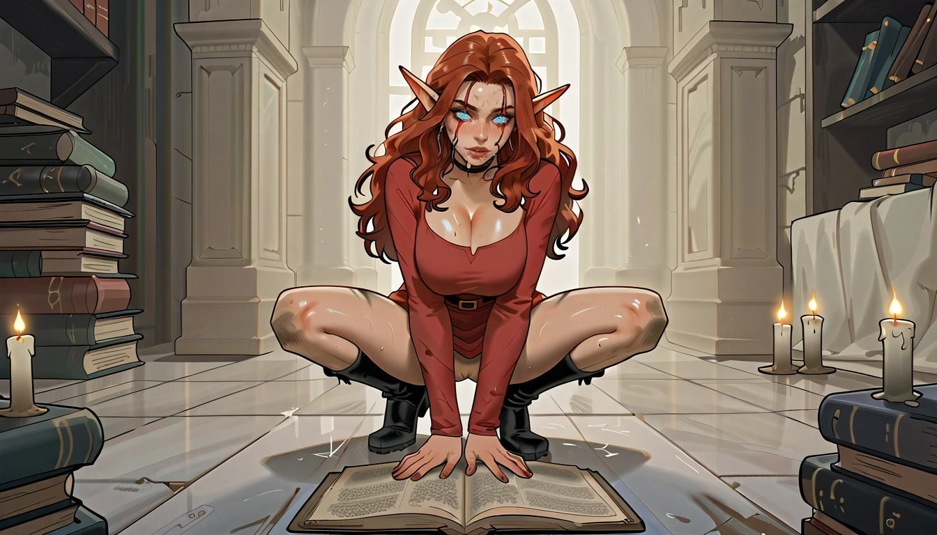 1girl, pointy ears, solo, boots, book, candle · Yamete.gg
