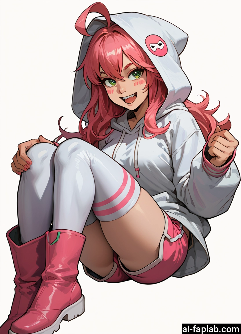 1girl, pink hair, thighhighs, green eyes, solo, hood