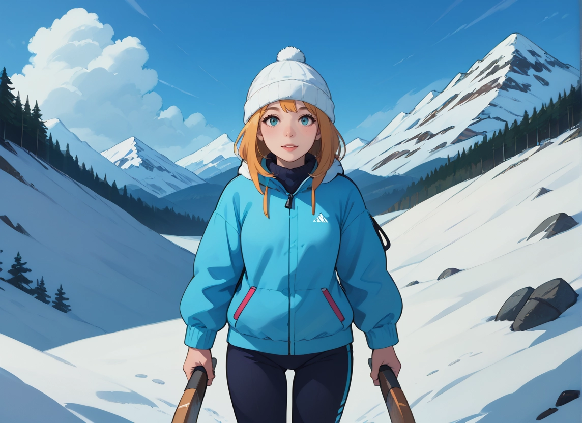 1girl, solo, blue eyes, blonde hair, hat, snow
