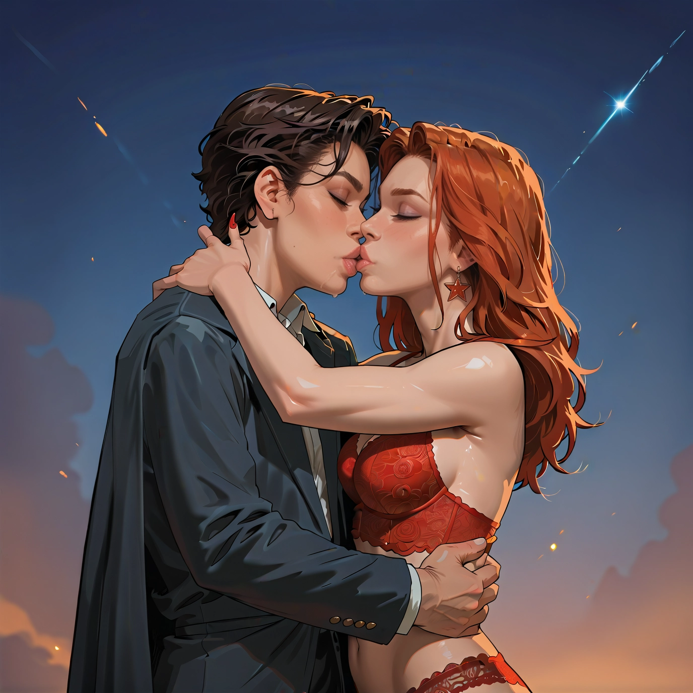 underwear, bra, kiss, breasts, 1boy, jewelry · Yamete.gg