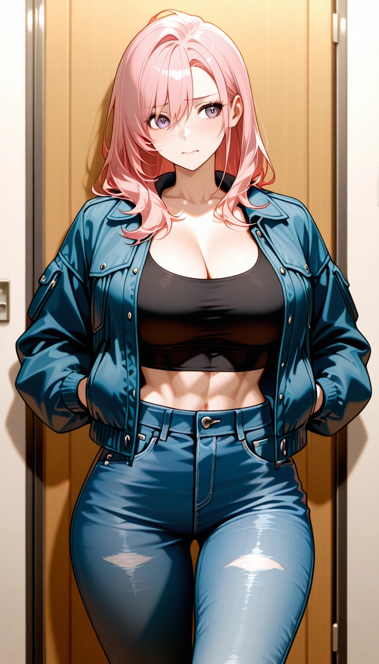 1girl, solo, breasts, pants, jacket, denim · Yamete.gg