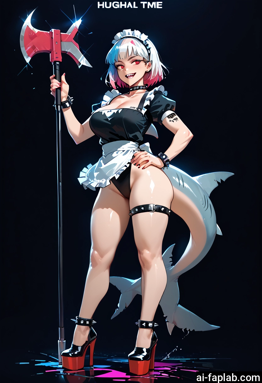 1girl, breasts, tail, fish tail, shark tail, teeth