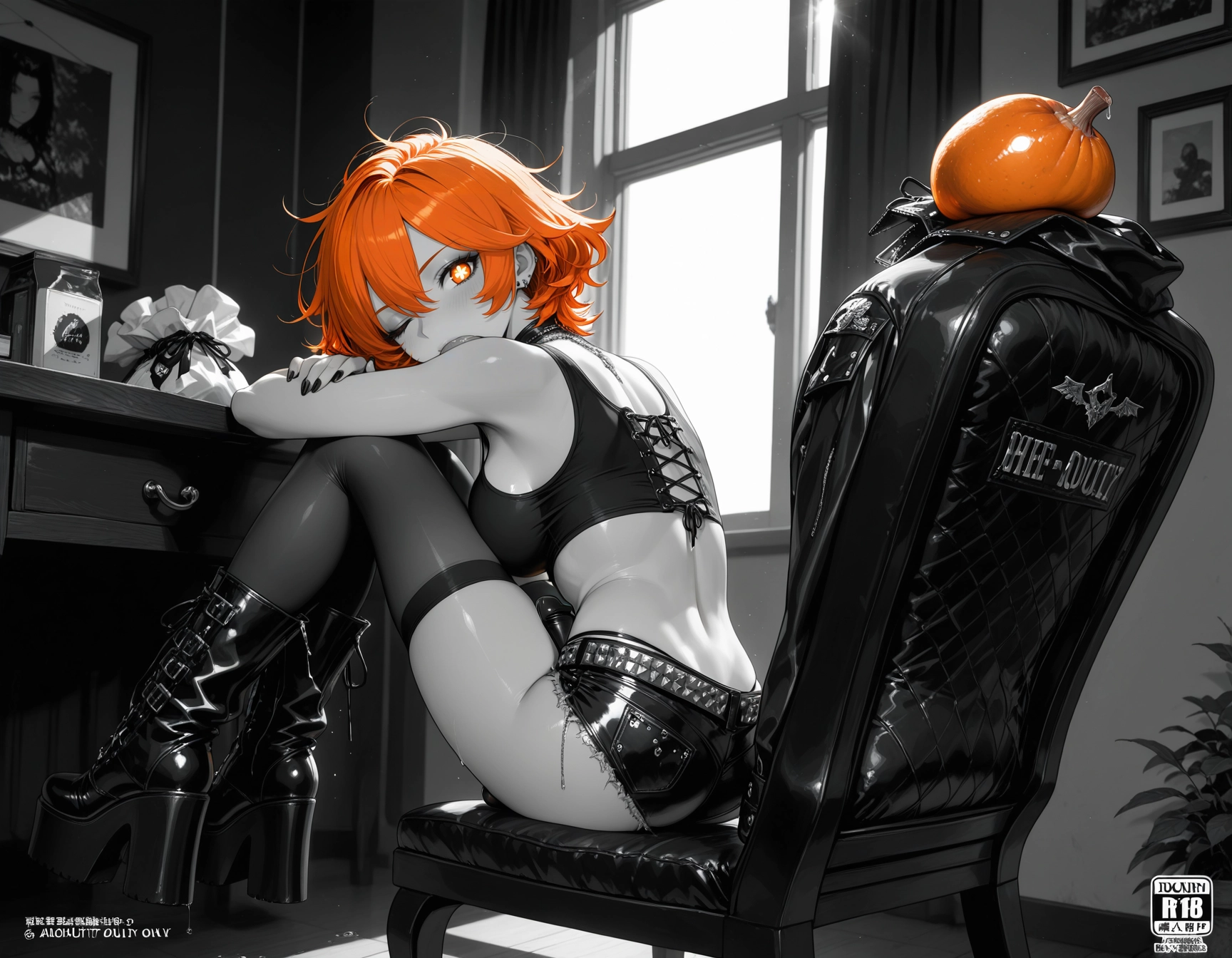 1girl, leather, solo, orange hair, thighhighs, orange eyes · Yamete.gg