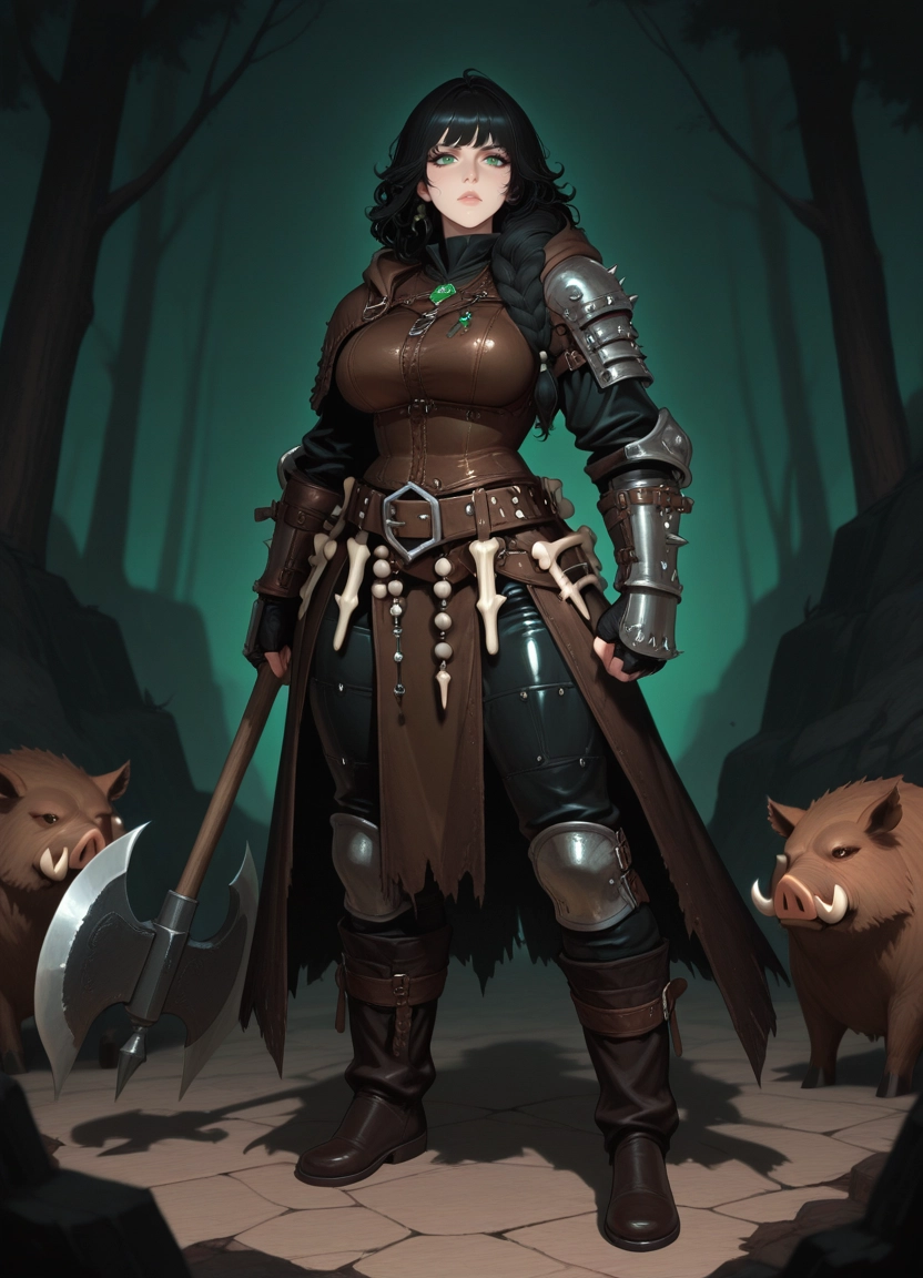 1girl, axe, black hair, holding axe, breasts, green eyes