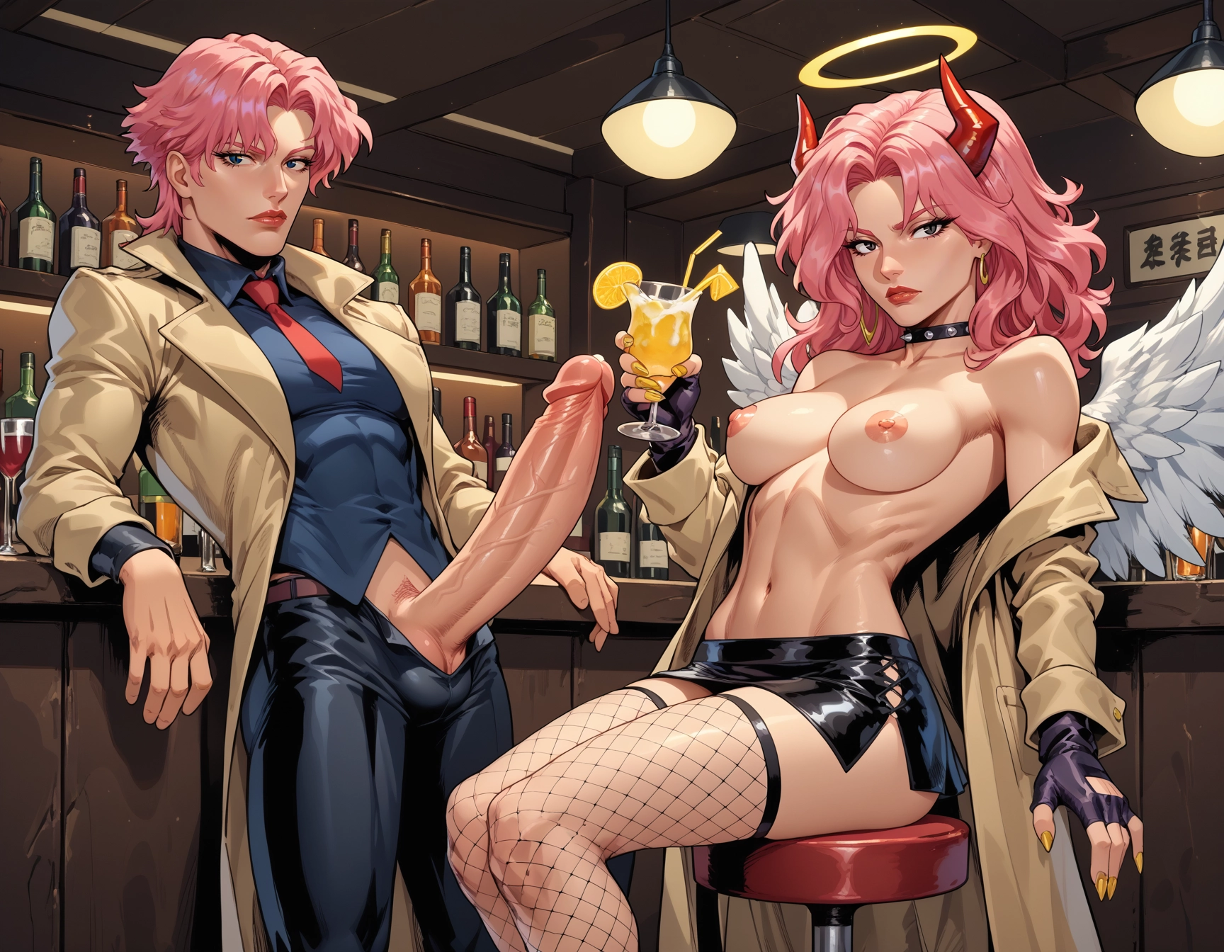 futanari, 1girl, 1boy, breasts, gloves, pink hair · Yamete.gg