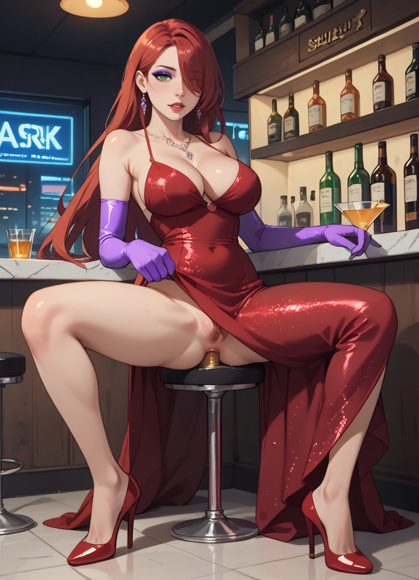 1girl, makeup, solo, stool, dress, breasts · Yamete.gg