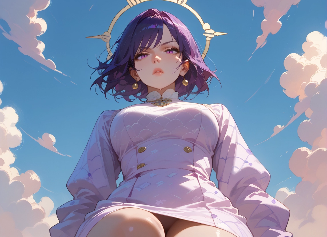 1girl, solo, jewelry, earrings, purple hair, sky · Yamete.gg