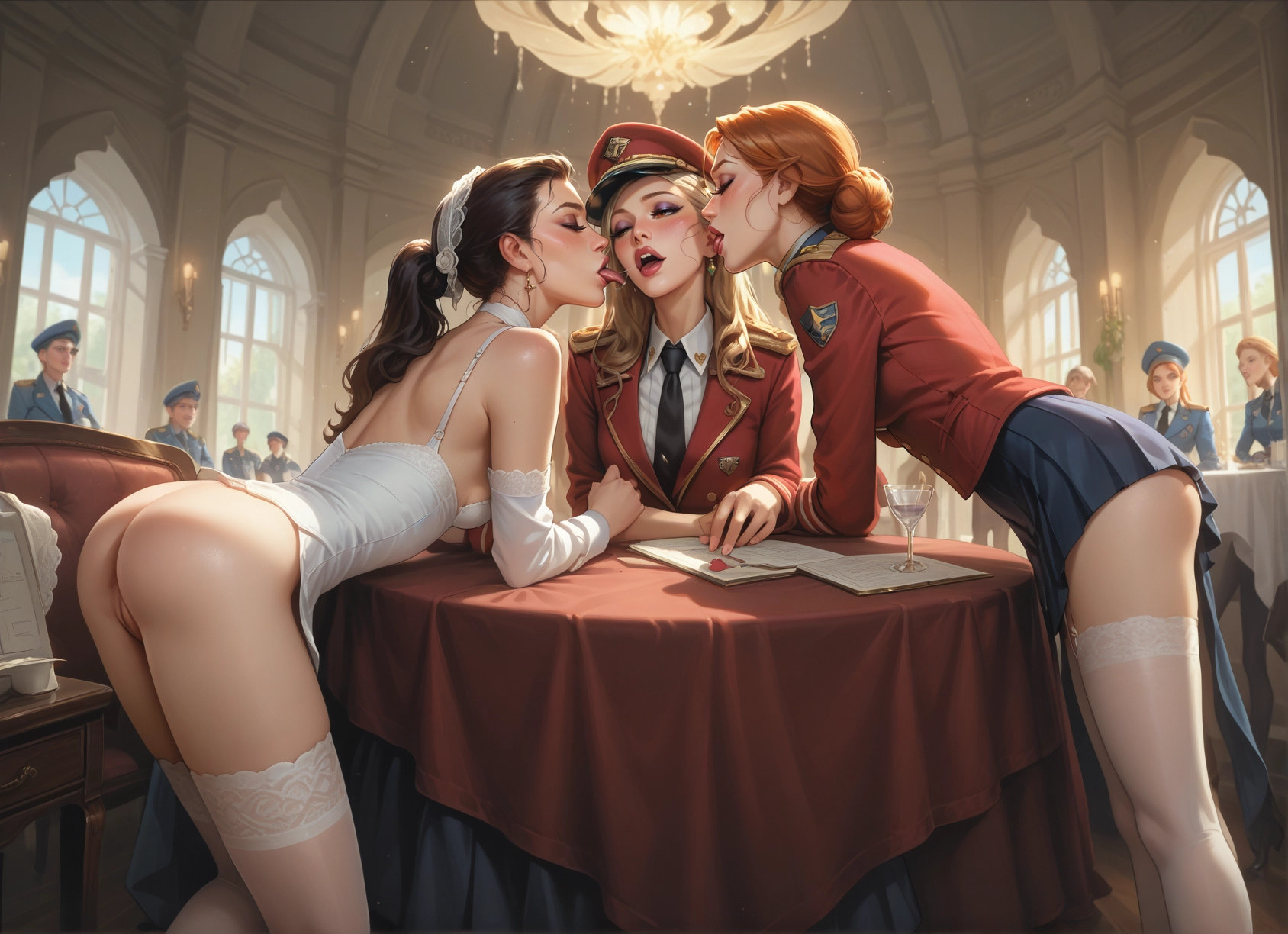 multiple girls, thighhighs, ass, pussy, white legwear, dress · Yamete.gg
