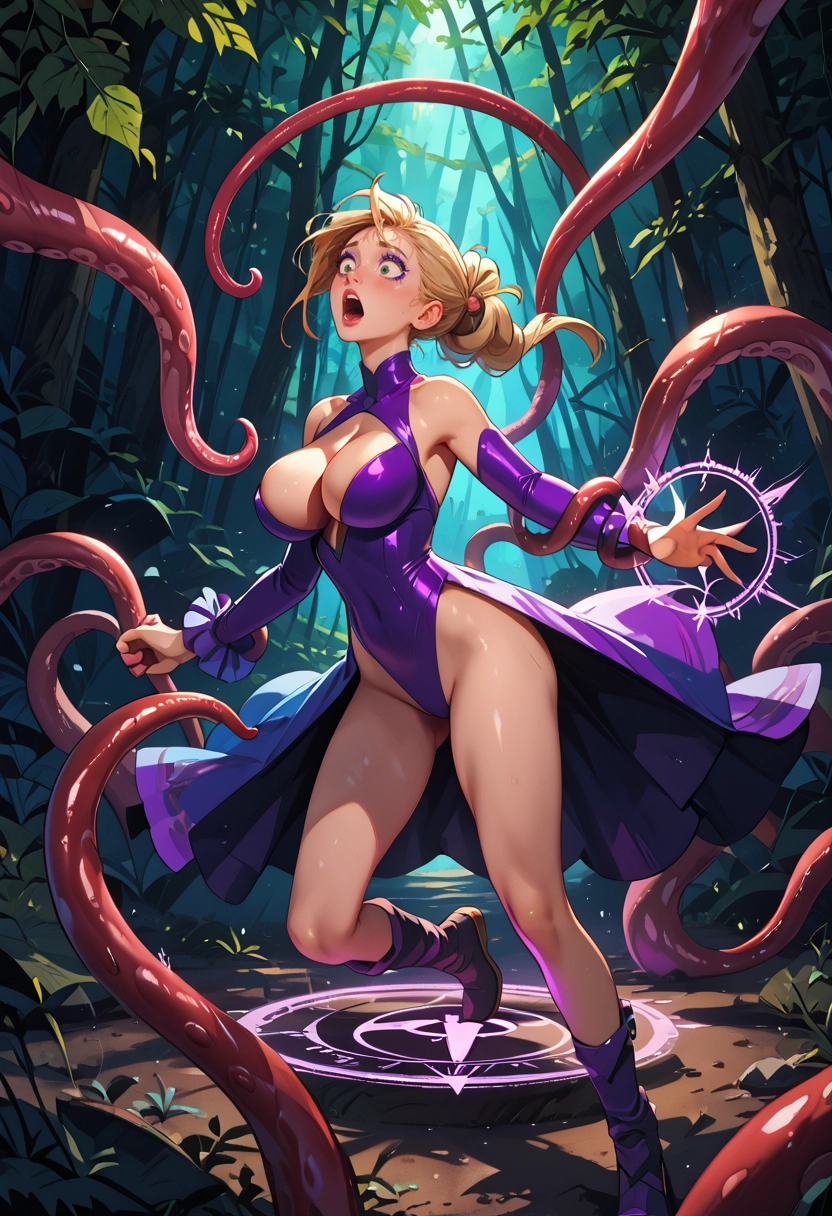 1girl, tentacles, breasts, purple leotard, blonde hair, cleavage · Yamete.gg