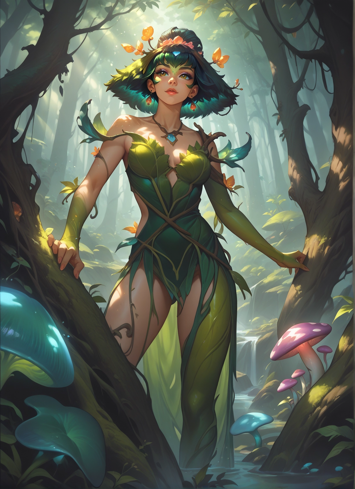 1girl, nature, forest, green hair, breasts, jewelry · Yamete.gg