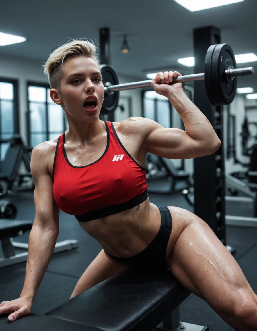 exercise, weightlifting, 1girl, sweat, solo, blonde hair · Yamete.gg