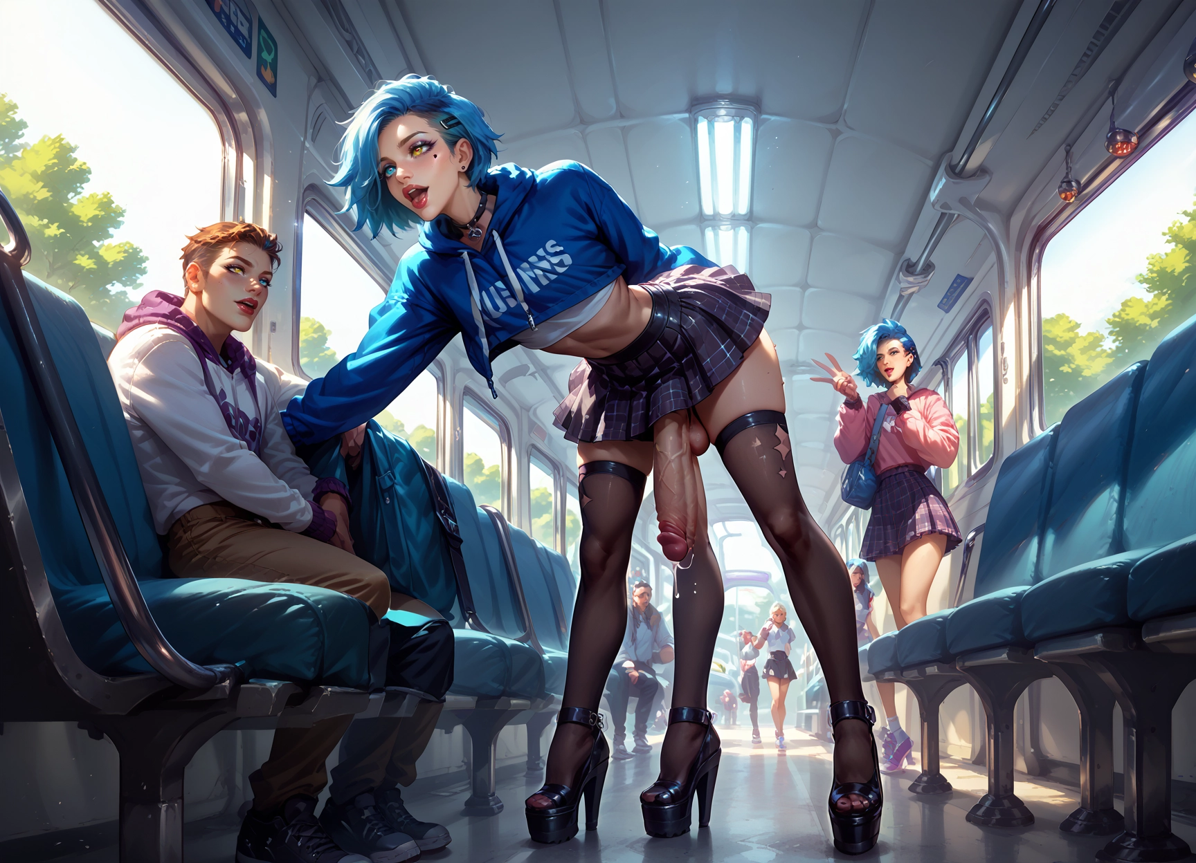futanari, thighhighs, penis, hoodie, short hair, multiple girls · Yamete.gg