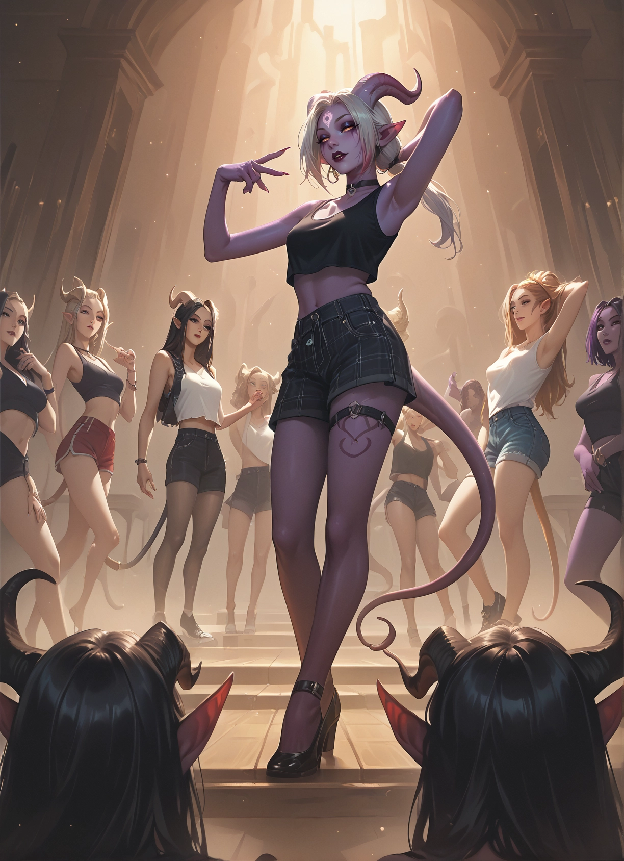 multiple girls, horns, 6+girls, tail, shorts, colored skin · Yamete.gg